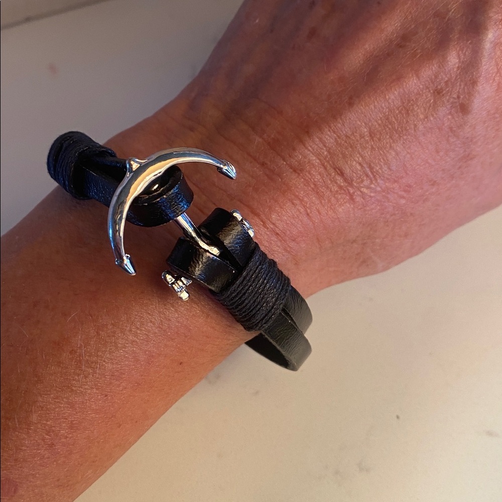 Black Leather Anchor Wrap Bracelet - Unbranded Unisex
